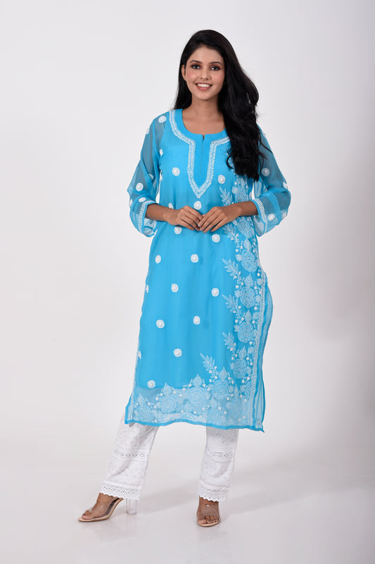 Blue Hand embroided Semi georgette Chikankari Kurti Lucknow Chikan Emporium.