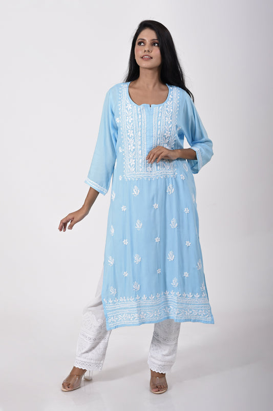 Lucknow Chikan Emporium Hand embroided skin friendly very soft modal cotton  Chikankari Kurti sky blue