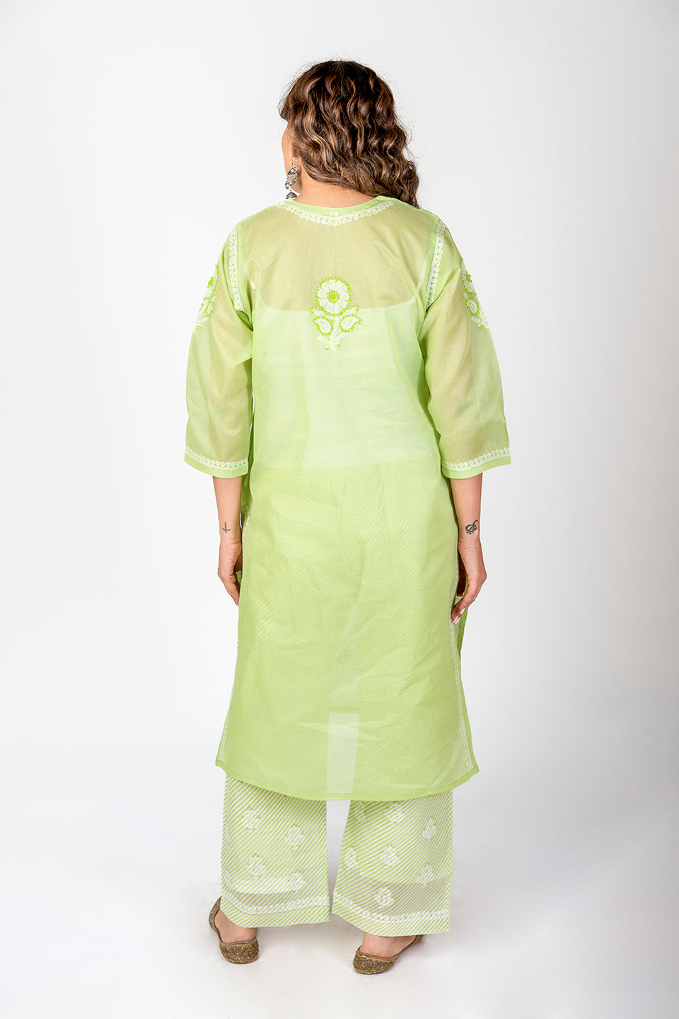 Soft Skin Friendly Cotton Nice Green Colour Laheria (Stripes) Print Palazzo With Plain Kurta Set Hand Chikankari Lucknow Chikan Emporium