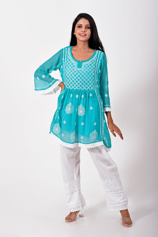 Lucknow Chikan Emporium Hand embroided skin friendly semi georgette Chikankari short Kurti Sea Green.