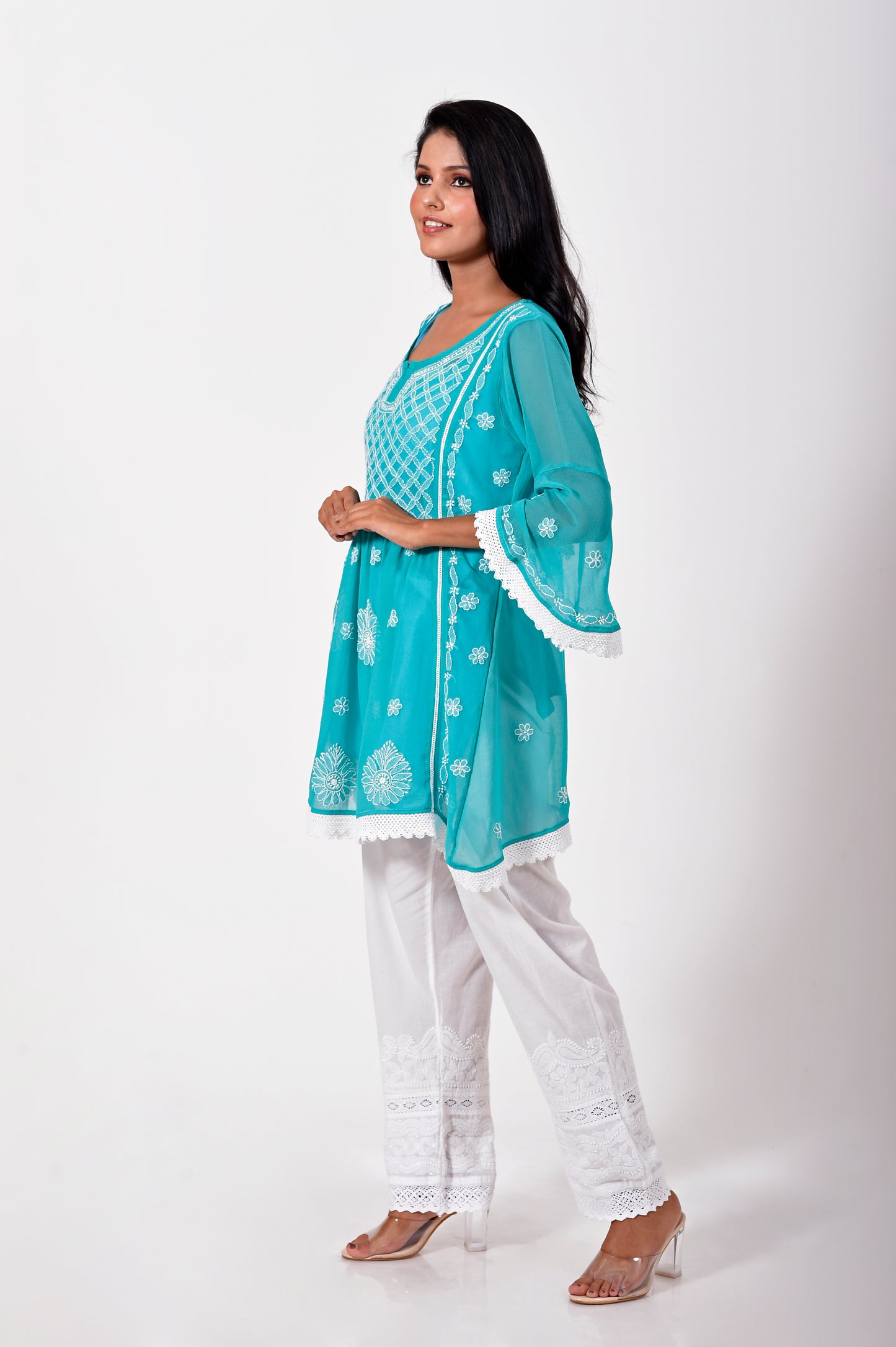 Lucknow Chikan Emporium Hand embroided skin friendly semi georgette Chikankari short Kurti Sea Green.