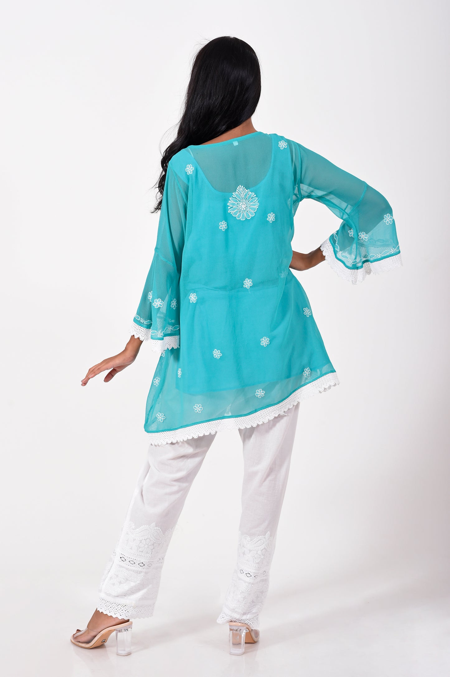 Lucknow Chikan Emporium Hand embroided skin friendly semi georgette Chikankari short Kurti Sea Green.