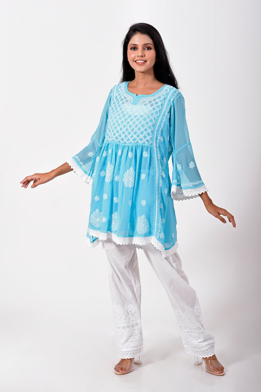 Lucknow Chikan Emporium Hand embroided skin friendly semi georgette Chikankari short Kurti Blue.