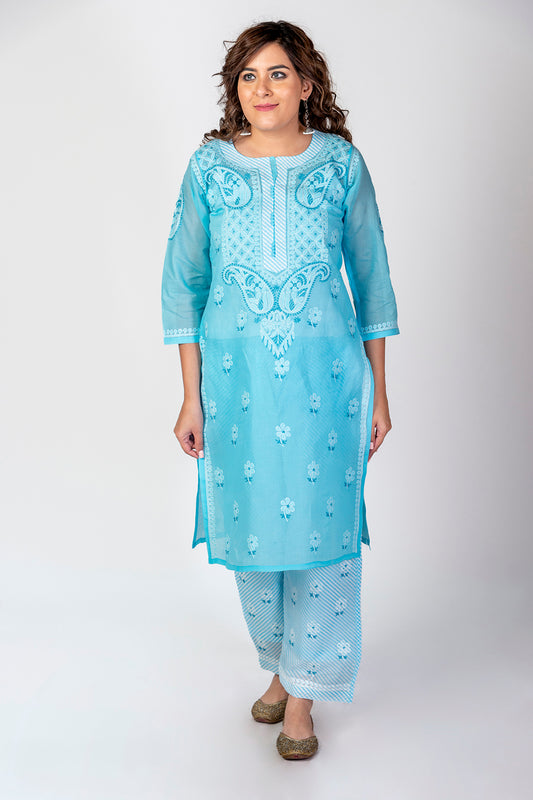 Soft Skin Friendly Cotton Nice Blue Colour Laheria (Stripes) Print Palazzo With Plain Kurta Set Hand Chikankari Lucknow Chikan Emporium