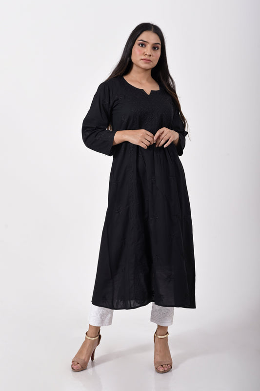 Black Hand embroided skin friendly very soft modal cotton Chikankari Kurti Lucknow Chikan Emporium.