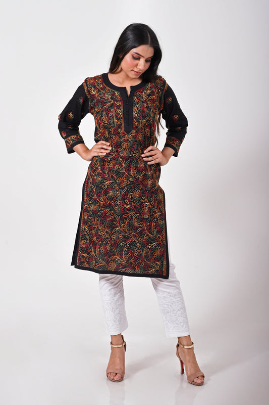 Kurti black Hand Embroided cotton Chikankari Lucknow Chikan Emporium.