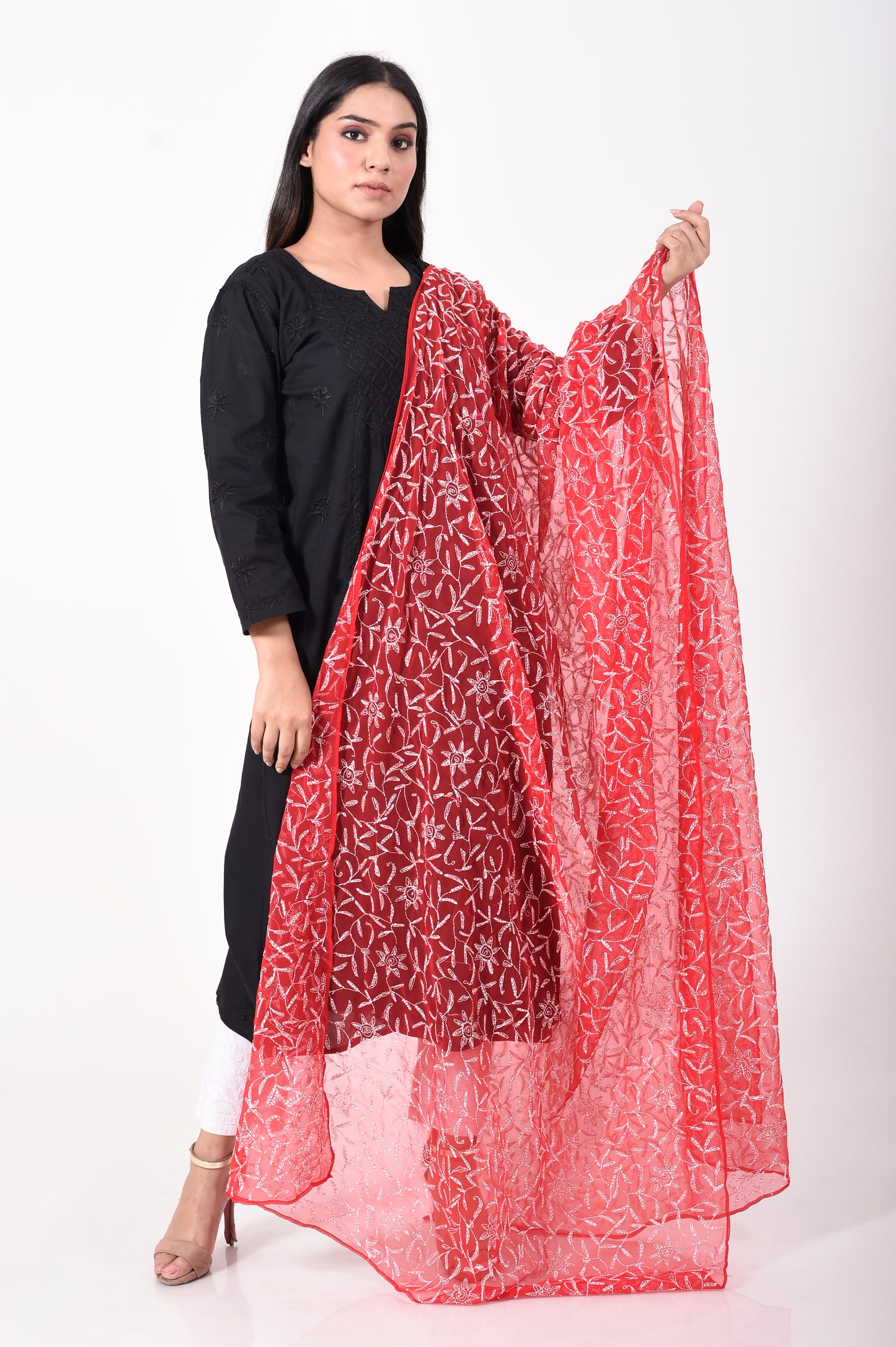 Lucknow Chikan Emporium Semi Georgette Red Chikan Dupatta.