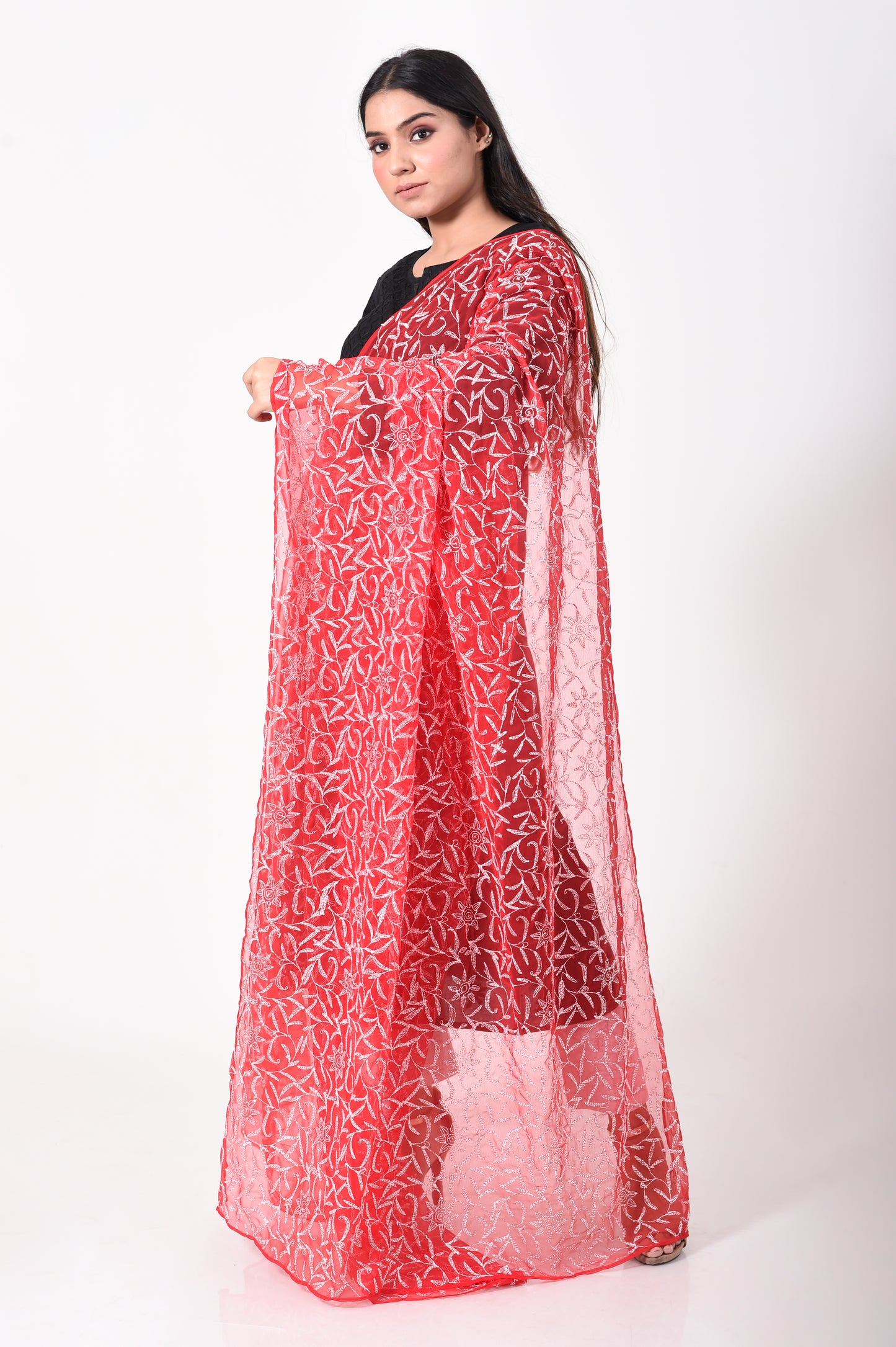 Lucknow Chikan Emporium Semi Georgette Red Chikan Dupatta.