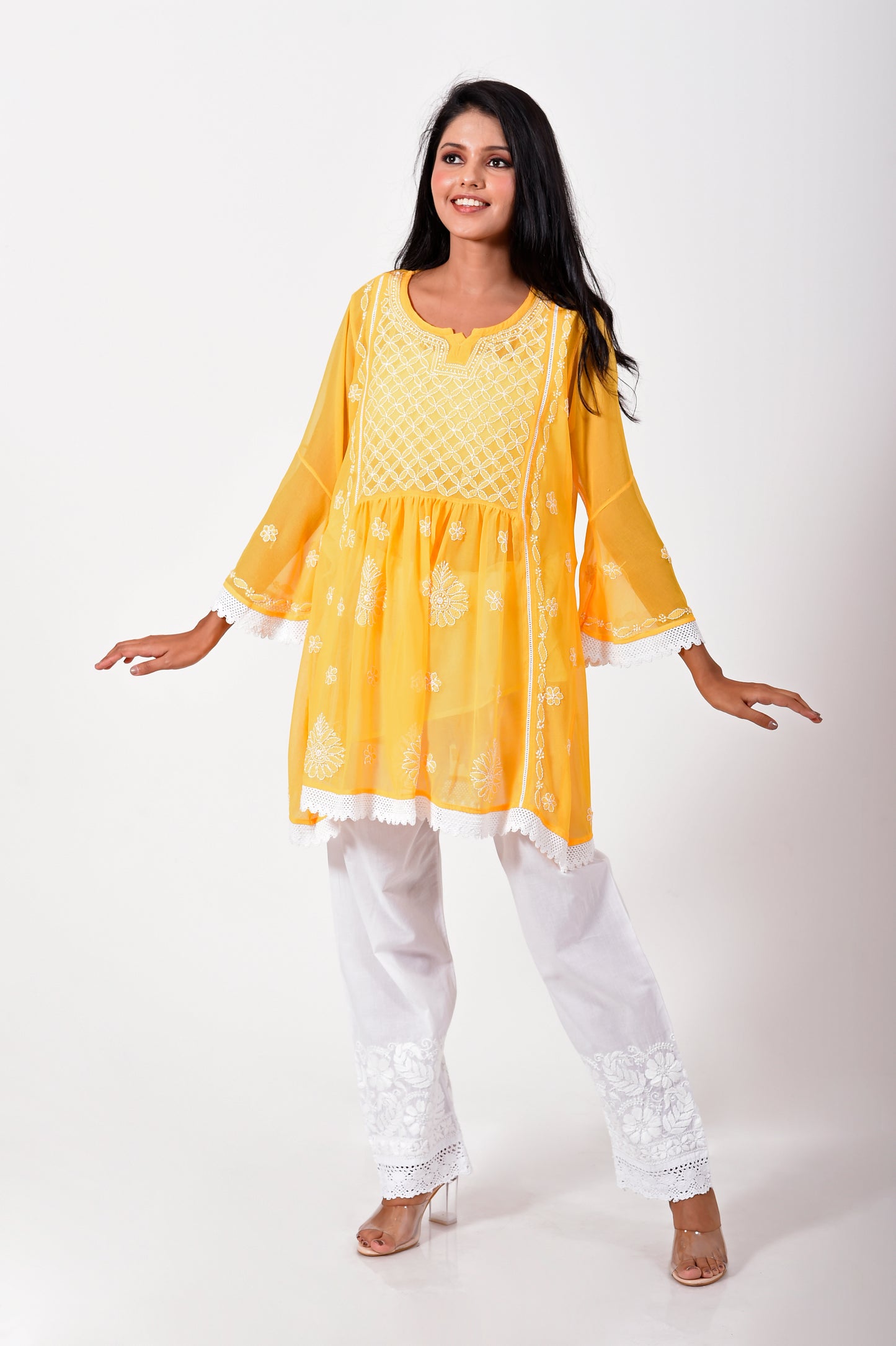 Lucknow Chikan Emporium Hand embroided skin friendly semi georgette Chikankari short Kurti mustard.