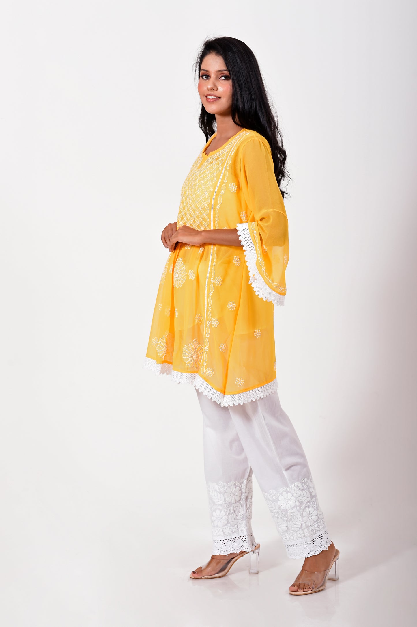 Lucknow Chikan Emporium Hand embroided skin friendly semi georgette Chikankari short Kurti mustard.