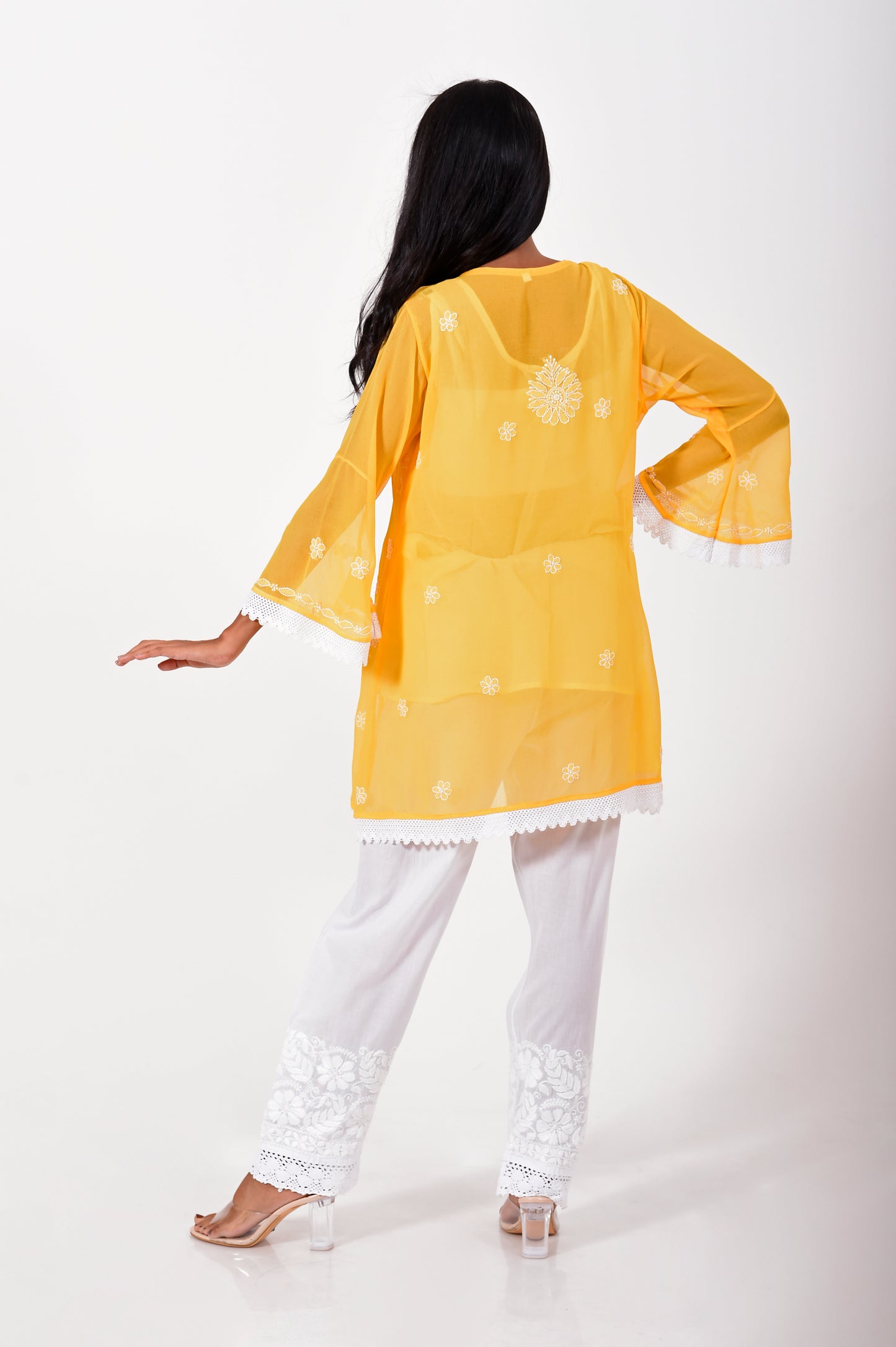 Lucknow Chikan Emporium Hand embroided skin friendly semi georgette Chikankari short Kurti mustard.