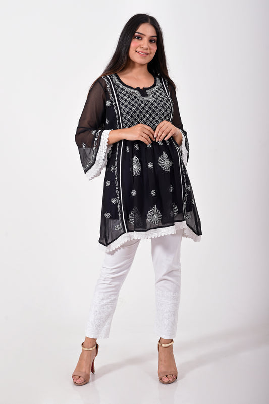 Lucknow Chikan Emporium Hand embroided skin friendly semi gerorgette Chikankari short Kurti Black.