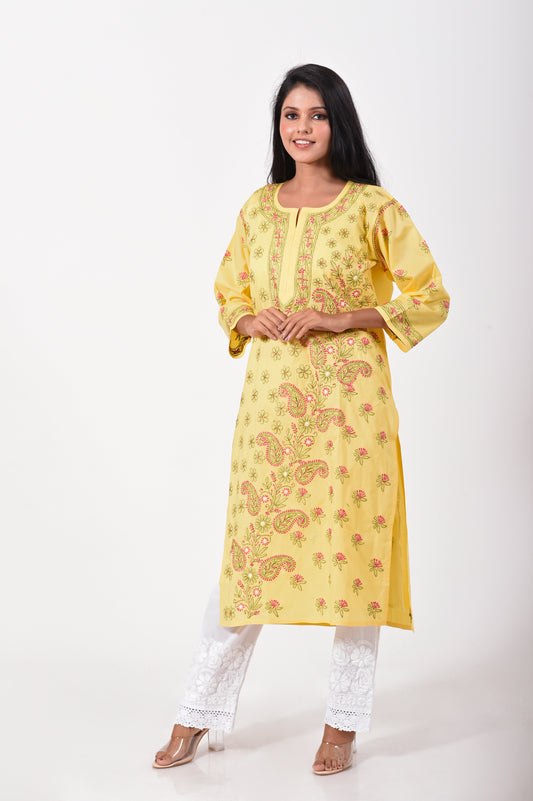 Lucknow Chikan Emporium Hand embroided cotton Chikankari Kurti yellow