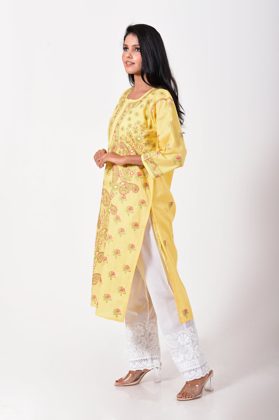 Lucknow Chikan Emporium Hand embroided cotton Chikankari Kurti yellow