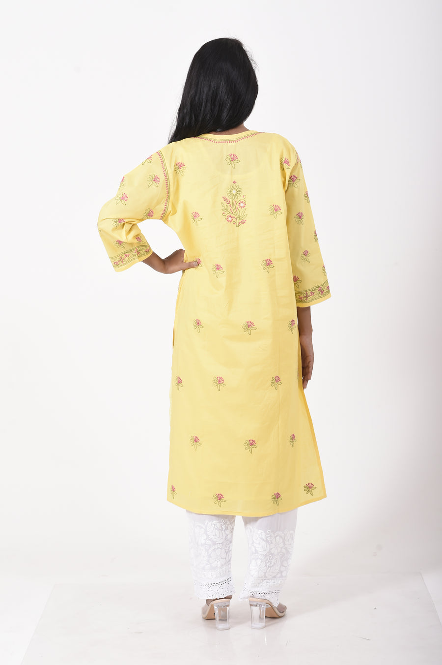 Lucknow Chikan Emporium Hand embroided cotton Chikankari Kurti yellow
