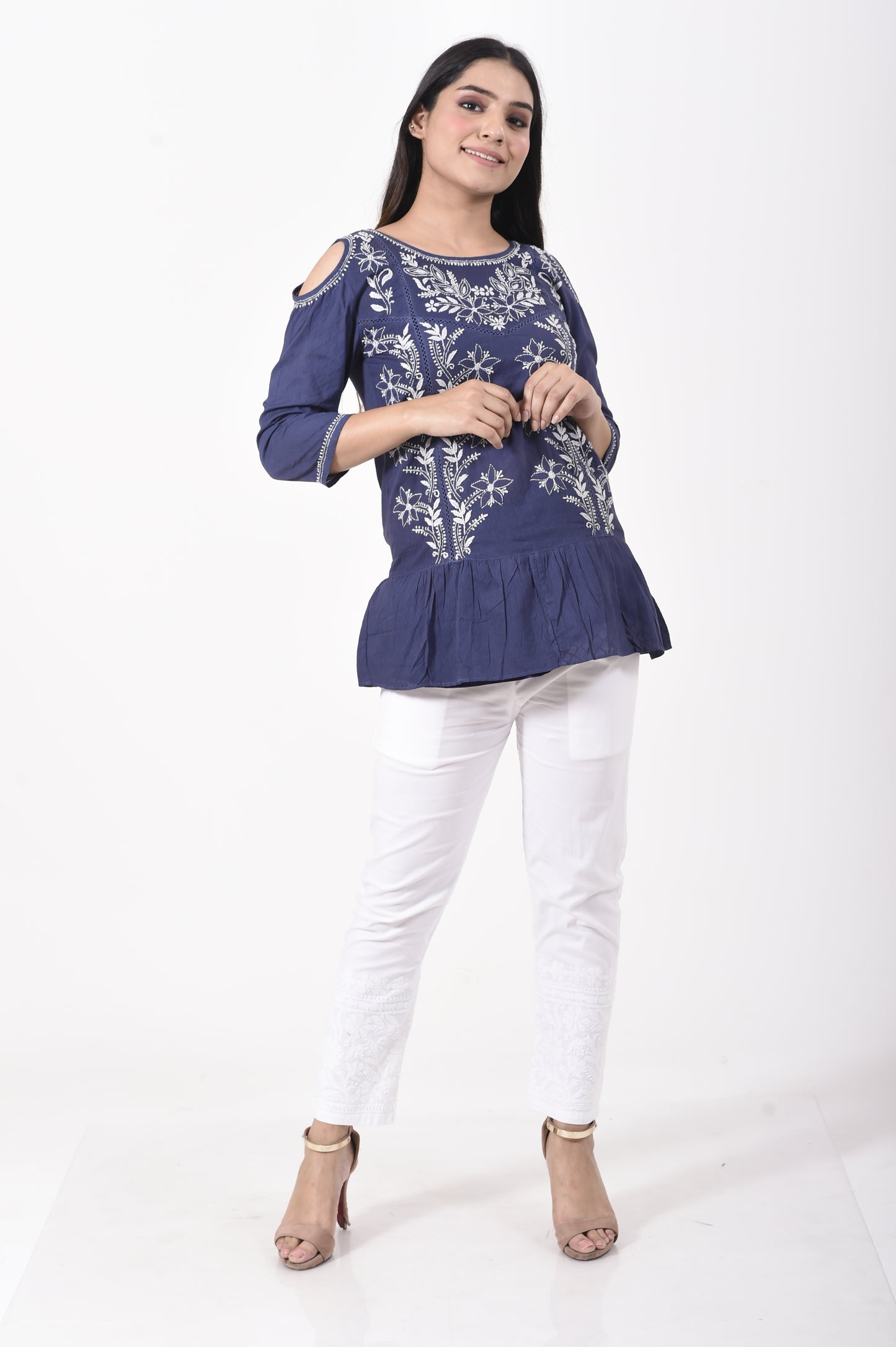 Navy Blue Short Kurti Lucknow Chikan Emporium.