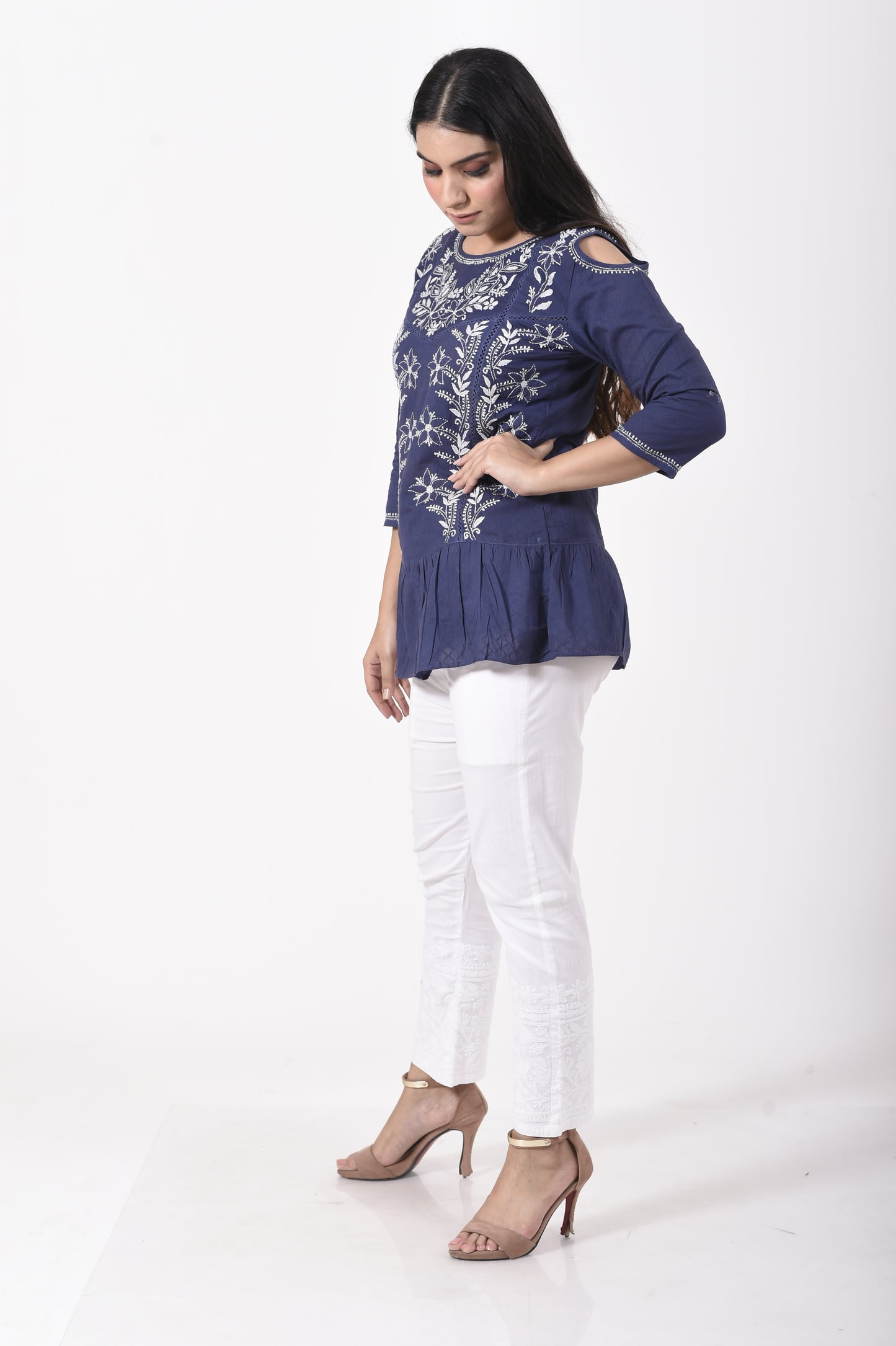 Navy Blue Short Kurti Lucknow Chikan Emporium.