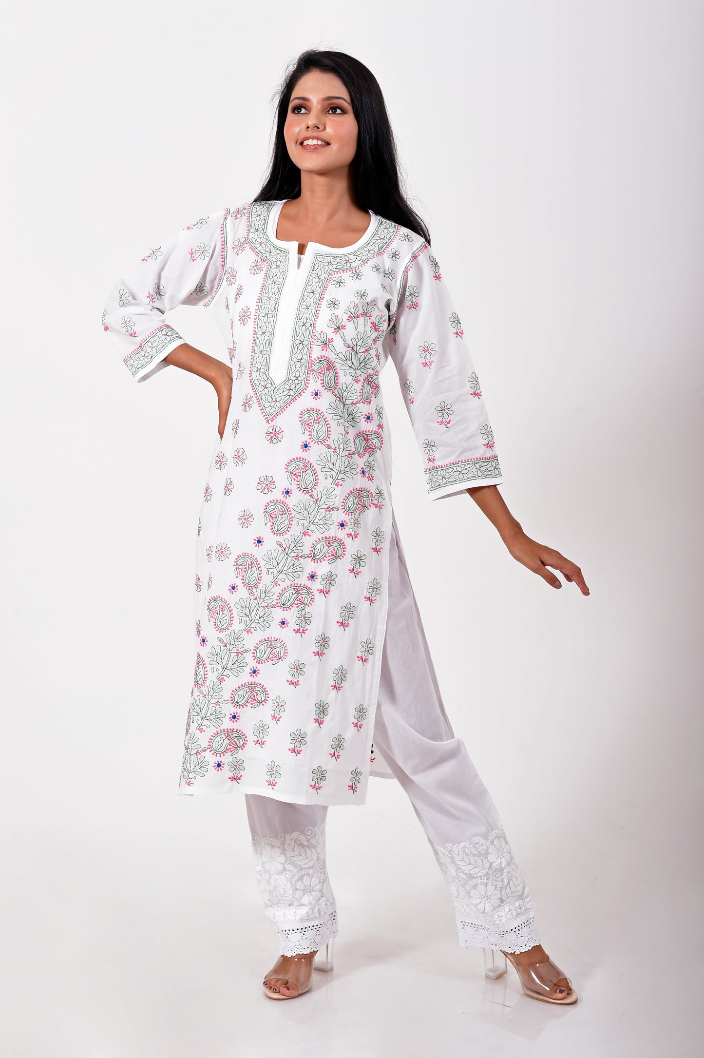 Lucknow Chikan Emporium Hand embroided cotton Chikankari Kurti white