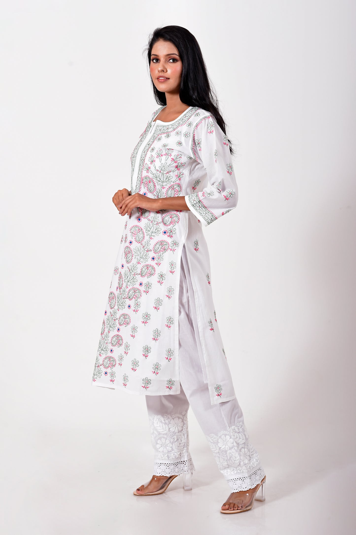 Lucknow Chikan Emporium Hand embroided cotton Chikankari Kurti white