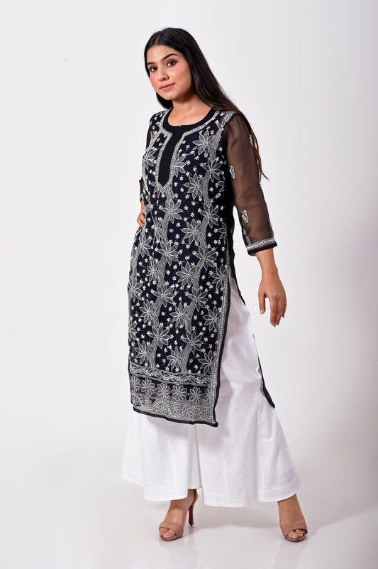 Nice black women Hand Chikankari Semi Georgette Kurti Lucknow Chikan Emporium.