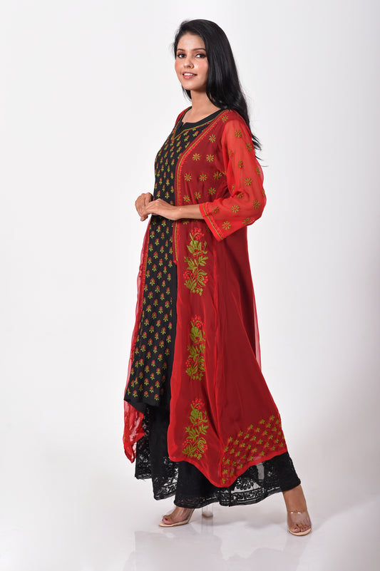 Red and Black Cotton And Georgette  Koti Style Lucknow Chikan Emporium  Kurti