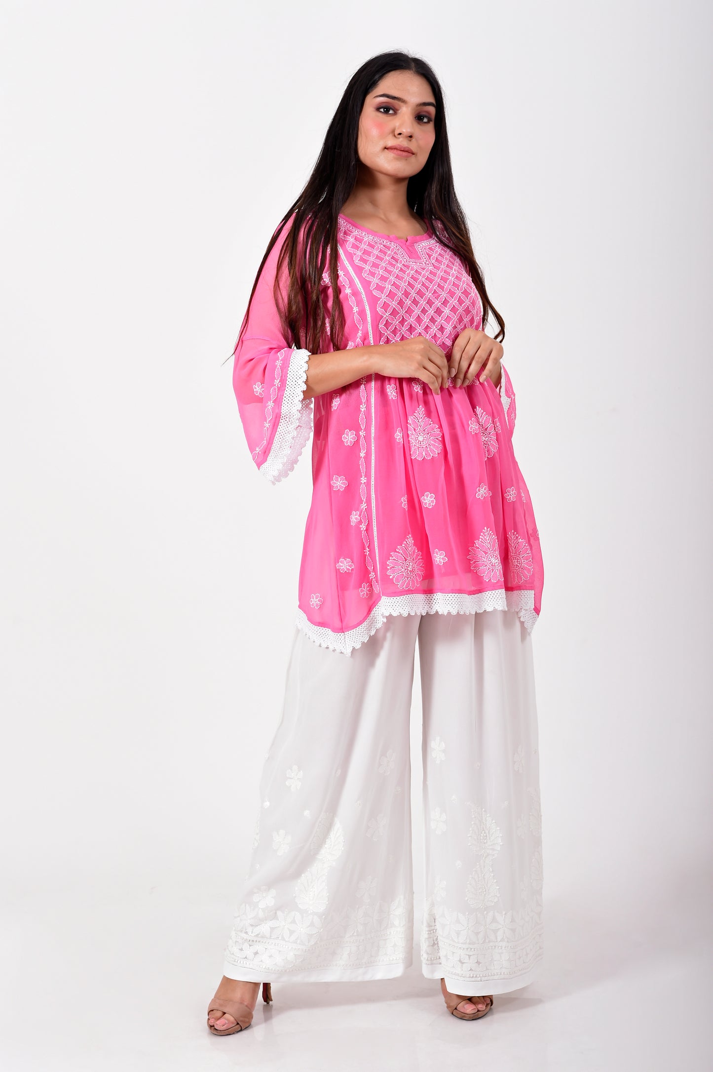 Lucknow Chikan Emporium Hand embroided skin friendly semi georgette Chikankari short Kurti pink.