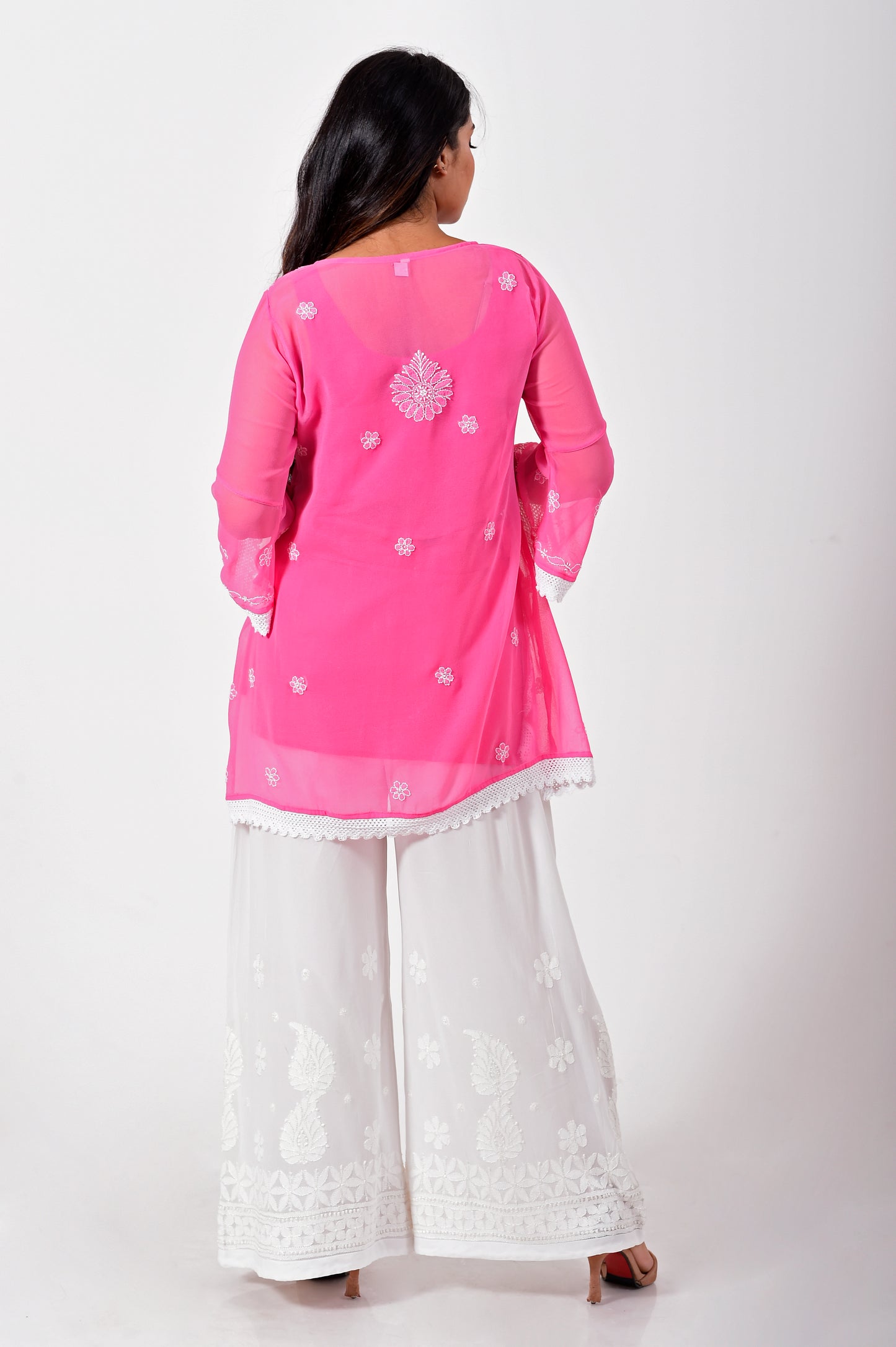 Lucknow Chikan Emporium Hand embroided skin friendly semi georgette Chikankari short Kurti pink.