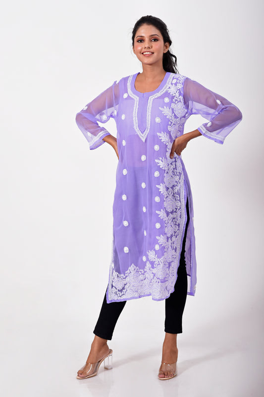 Mauve Hand embroided Semi georgette Chikankari Kurti Lucknow Chikan Emporium.