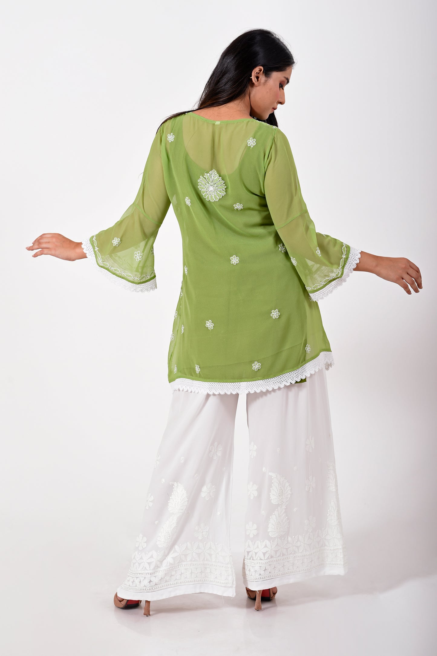 Lucknow Chikan Emporium Hand embroided skin friendly semi georgette Chikankari short Kurti Leaf Green.