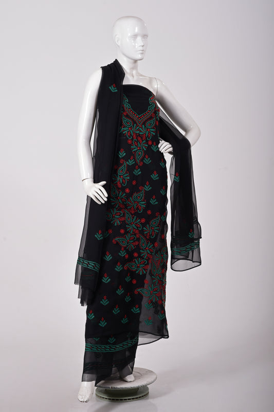 Semi Georgette skin friendly Black Color Hand Embroidered Lucknowi Chikan   Unstitched Suits