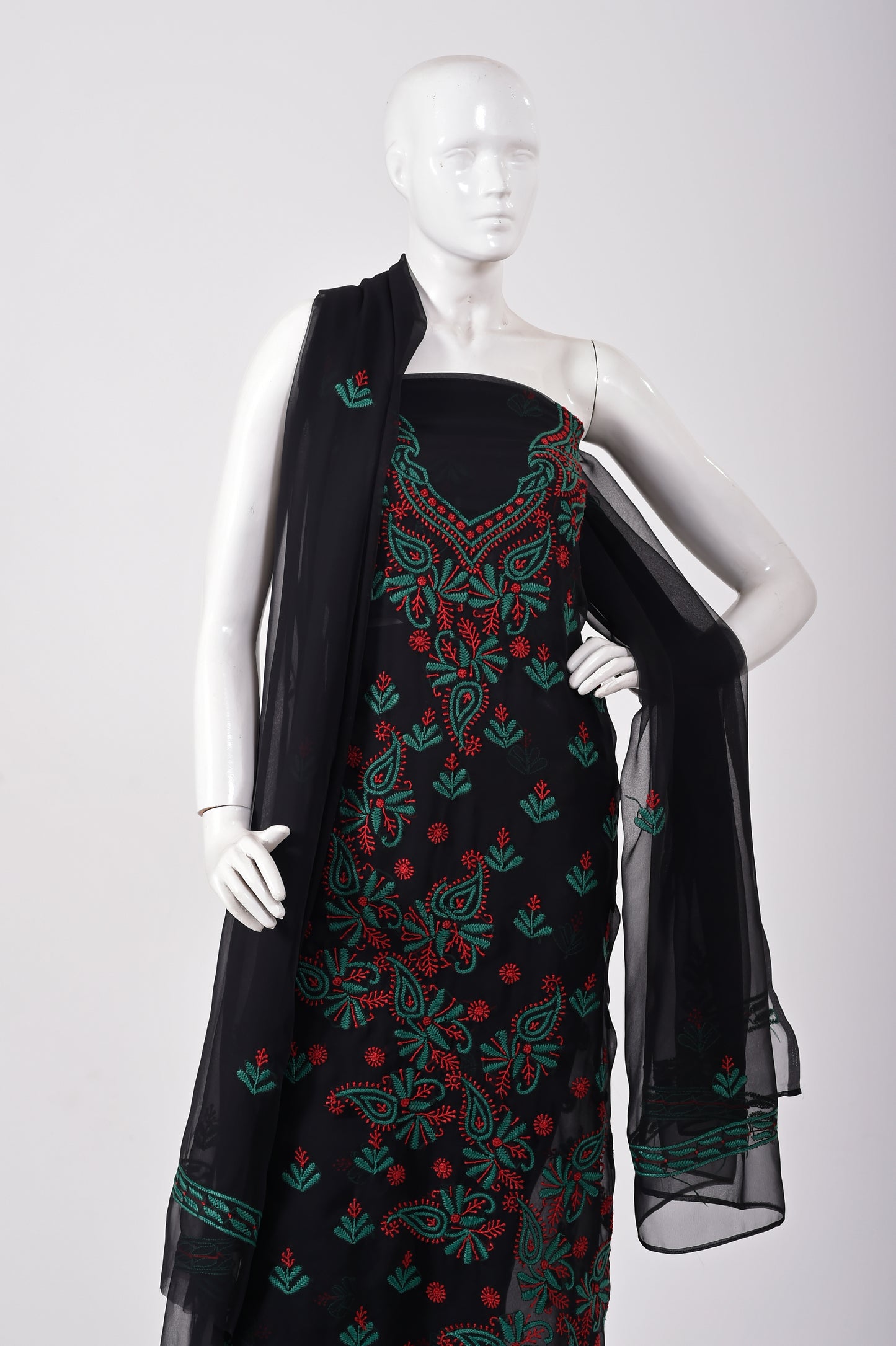 Semi Georgette skin friendly Black Color Hand Embroidered Lucknowi Chikan   Unstitched Suits