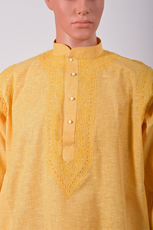 Lucknow Chikan Emporium Hand embroided south cotton Chikankari Gents kurta yellow