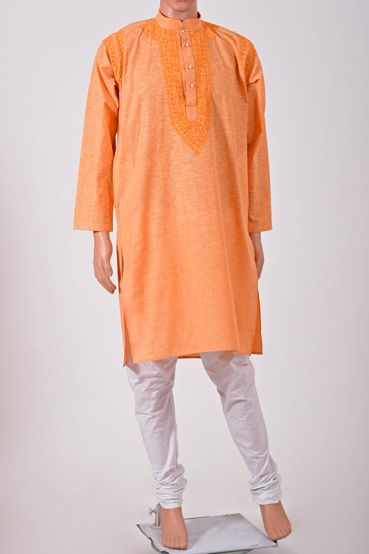 Lucknow Chikan Emporium Hand embroided south cotton Chikankari Gents kurta Light Orange