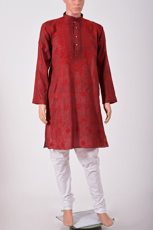 Cotton maroon Color Lucknow Chikan Emporium Gents Hand Chikankari Kurta