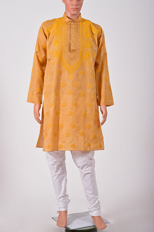 Cotton Yellow Color Lucknow Chikan Emporium  Gents Hand Chikankari Kurta