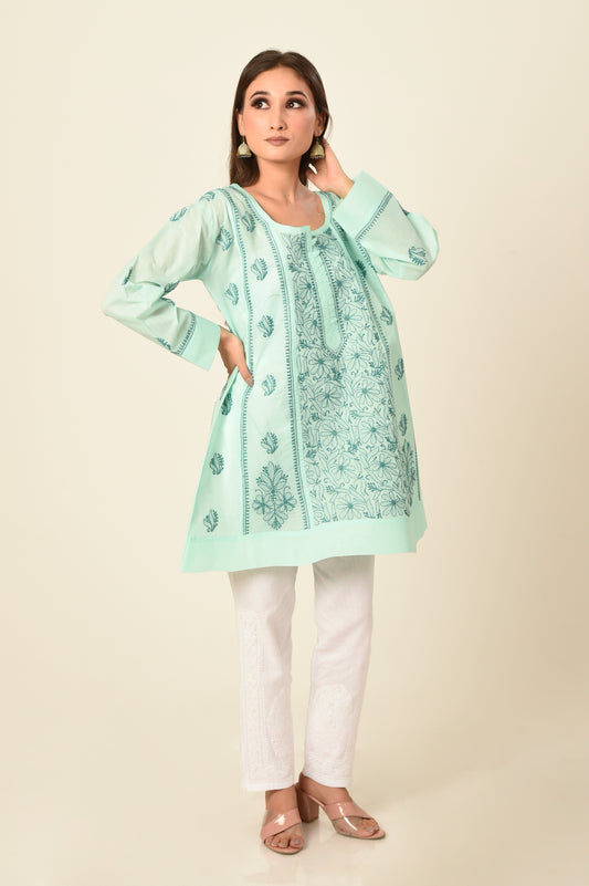 Lucknow Chikan Emporium Hand embroided skin friendly soft cotton sea green Chikankari short Kurti