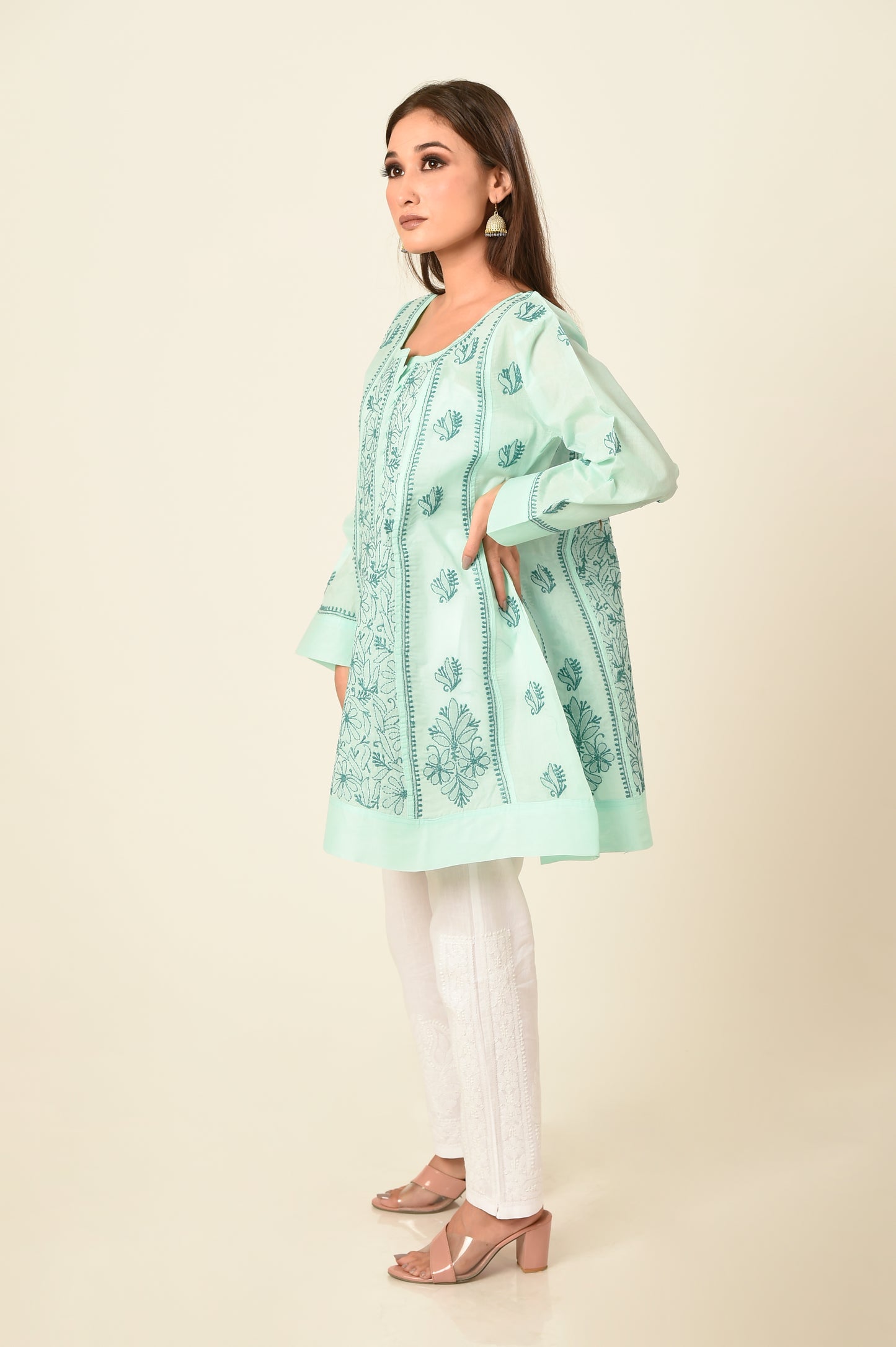 Lucknow Chikan Emporium Hand embroided skin friendly soft cotton sea green Chikankari short Kurti