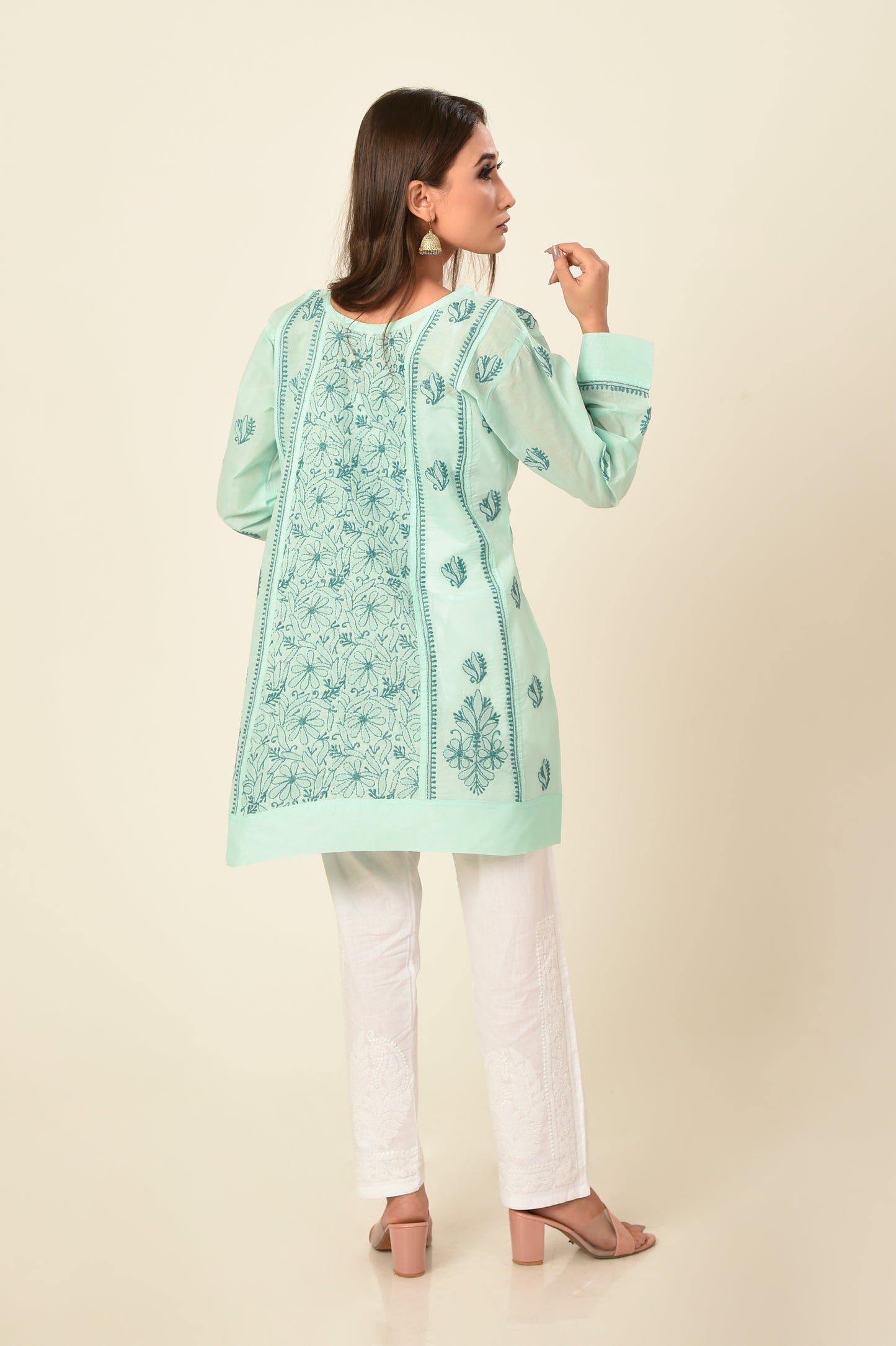 Lucknow Chikan Emporium Hand embroided skin friendly soft cotton sea green Chikankari short Kurti