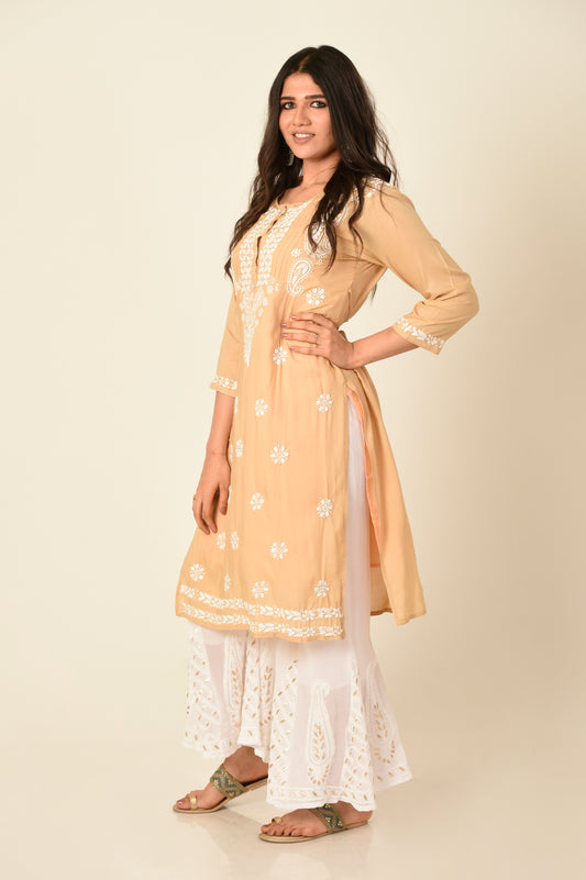 Peach colour Hand embroided skin friendly soft rayon /modal Chikankari Kurti Lucknow Chikan Emporium.