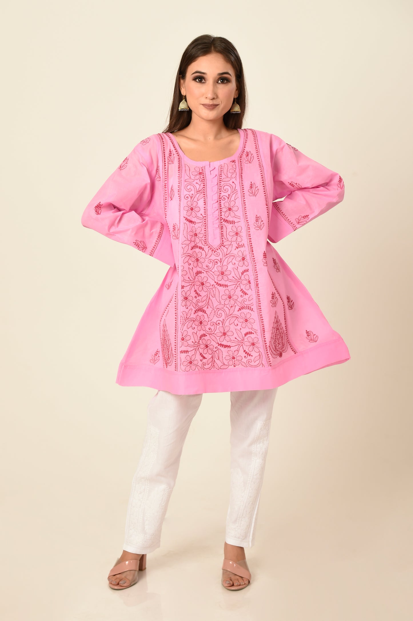 Lucknow Chikan Emporium Hand embroided skin friendly soft cotton pink Chikankari short Kurti