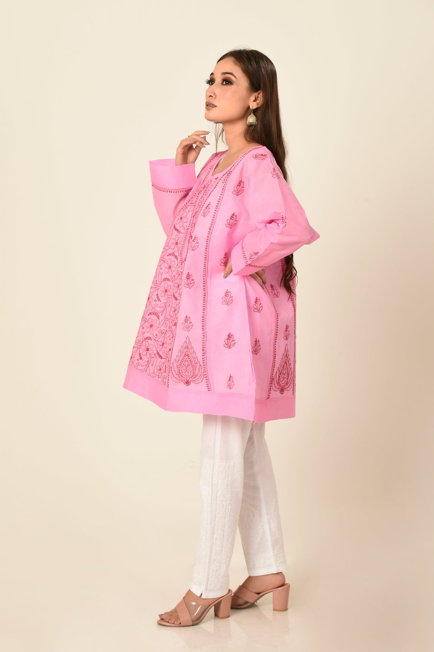 Lucknow Chikan Emporium Hand embroided skin friendly soft cotton pink Chikankari short Kurti