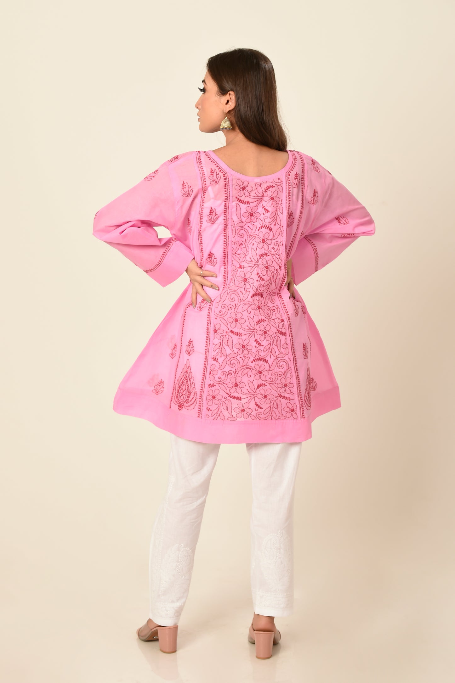 Lucknow Chikan Emporium Hand embroided skin friendly soft cotton pink Chikankari short Kurti