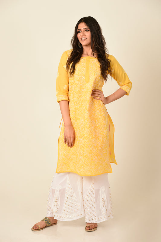 Yellow Colour Hand Embroided Cotton Chikankari Kurti Lucknow Chikan Emporium.