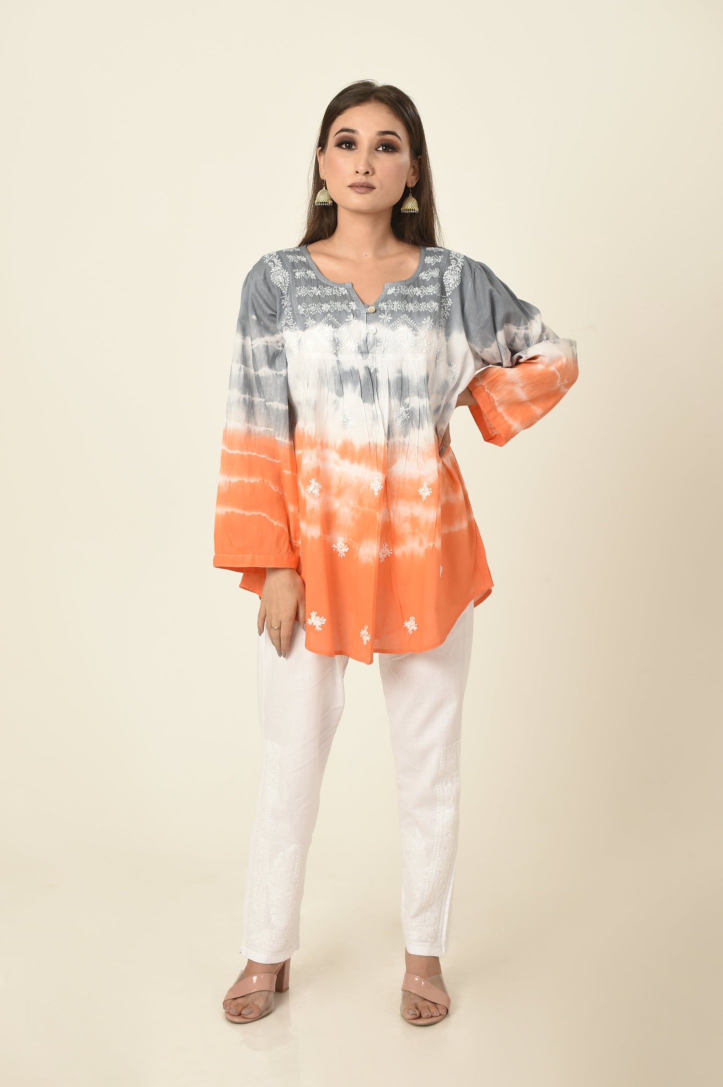 lucknow-chikan-emporium-hand-chikankari-kurti-nice-tie n dye orange and grey