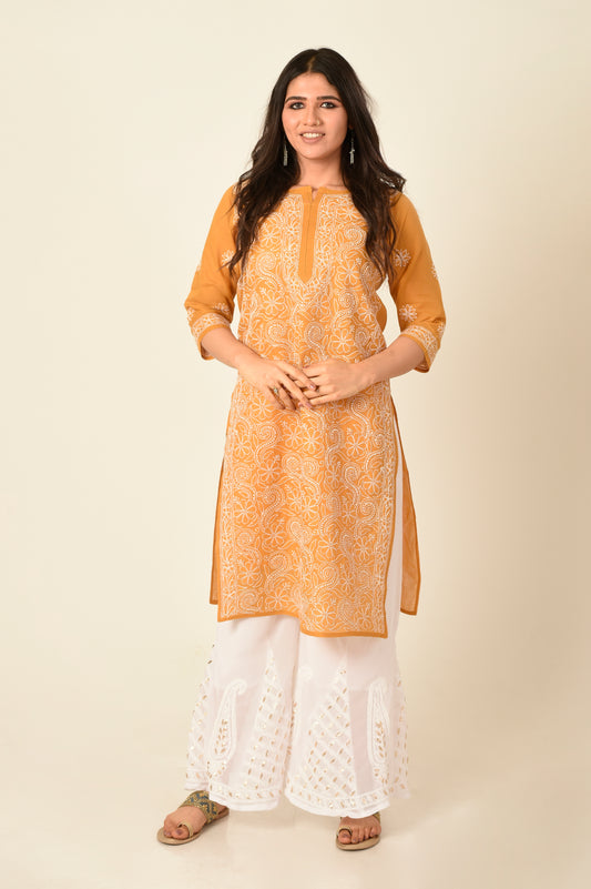 Brown Colour Hand Embroided Cotton Chikankari Kurti Lucknow Chikan Emporium.