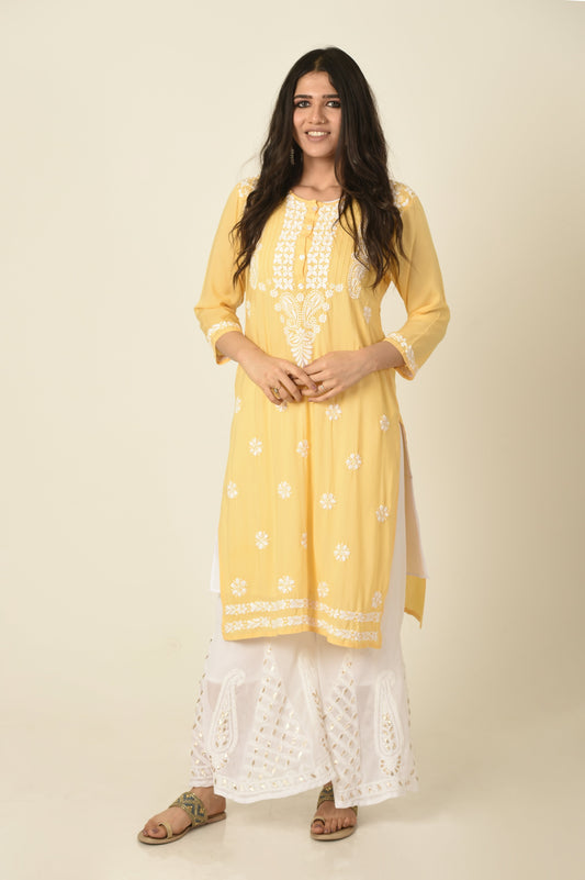 Skin friendly soft rayon /modal mango yellow colour hand embroided chikankari kurti Lucknow Chikan Emporium