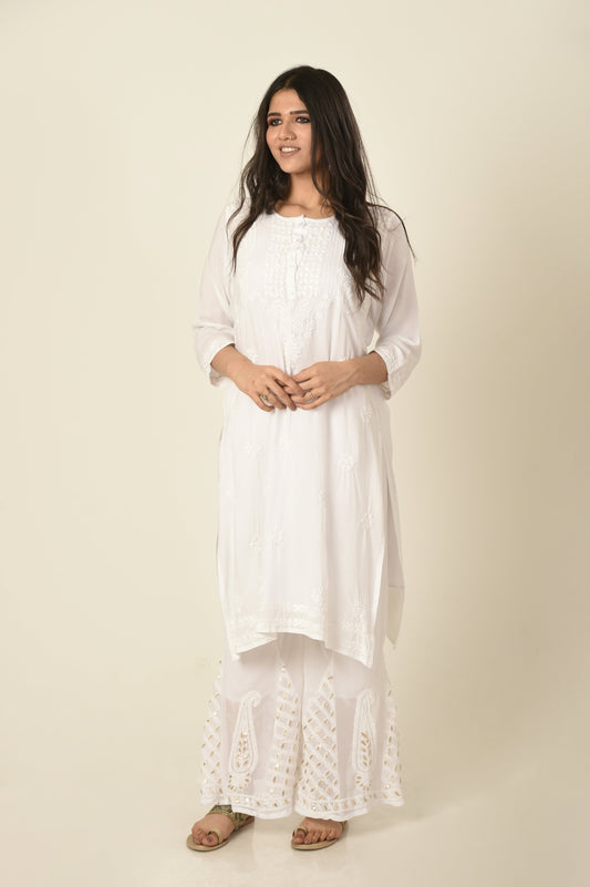 White colour Hand embroided skin friendly soft rayon /modal Chikankari Kurti Lucknow Chikan Emporium.