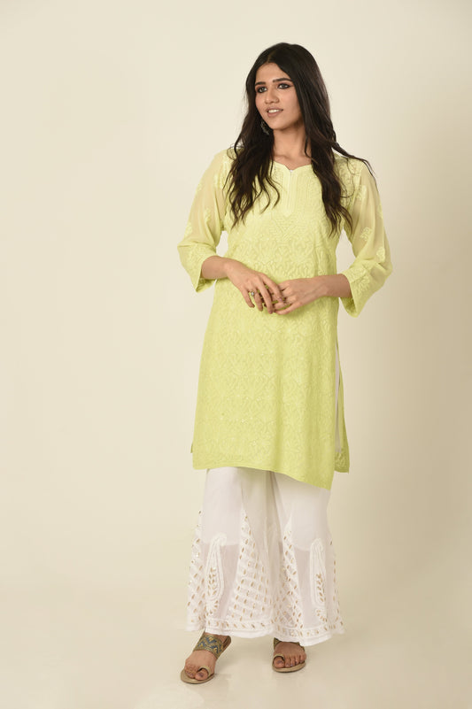 Light green shaded Hand embroided skin friendly soft viscose georgette Chikankari Kurti Lucknow Chikan Emporium.