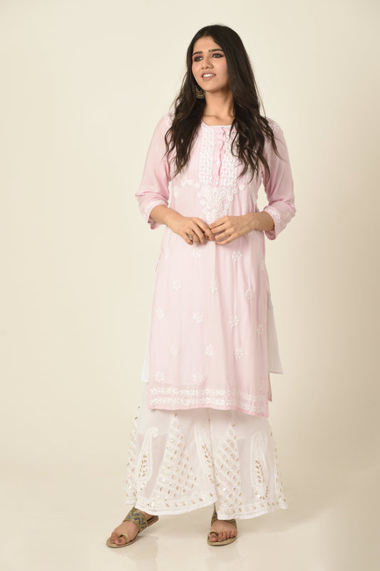 Pink colour Hand embroided skin friendly soft rayon /modal Chikankari Kurti Lucknow Chikan Emporium.