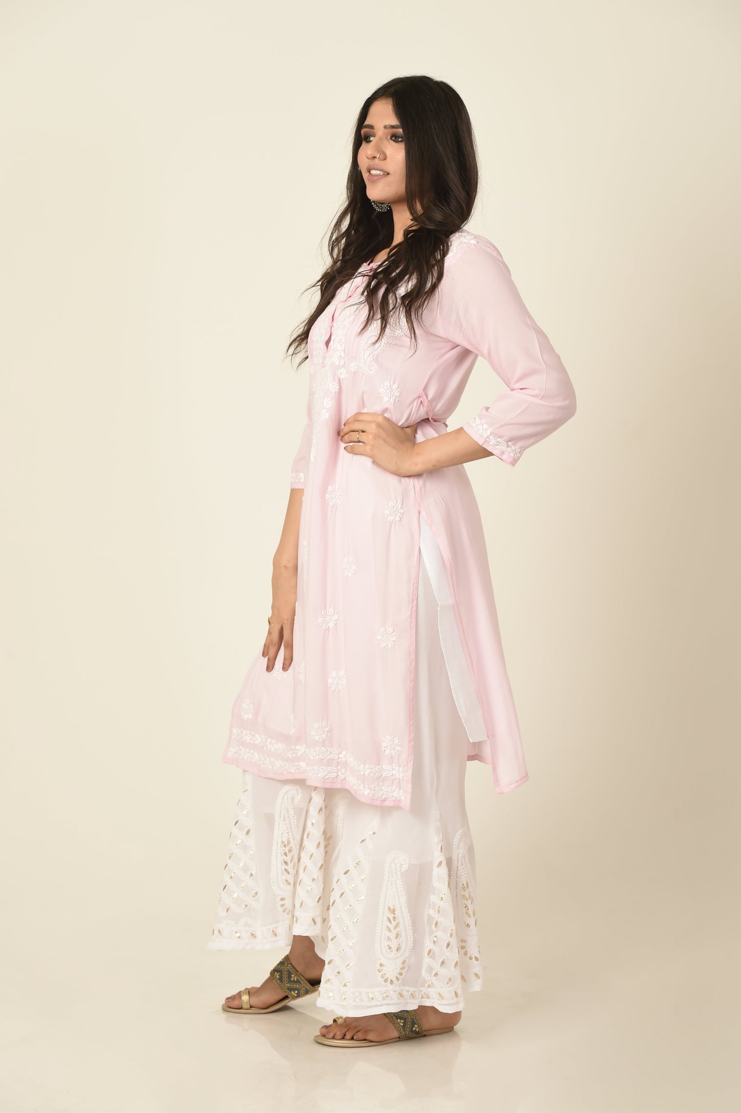 Pink colour Hand embroided skin friendly soft rayon /modal Chikankari Kurti Lucknow Chikan Emporium.
